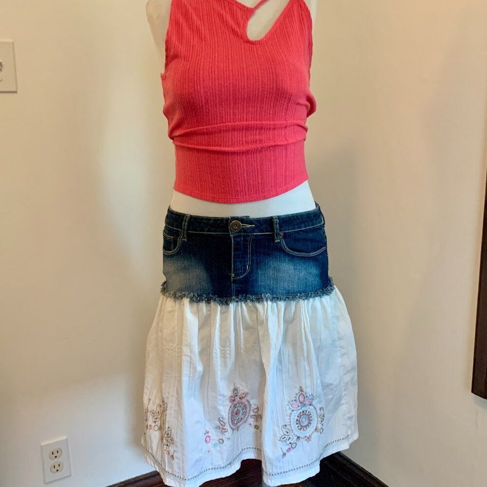 VTG YMI Lace Ruffle Denim Midi Skirt y2k 2000s 90s Western Mixed Peasant Cotton - Picture 10 of 16